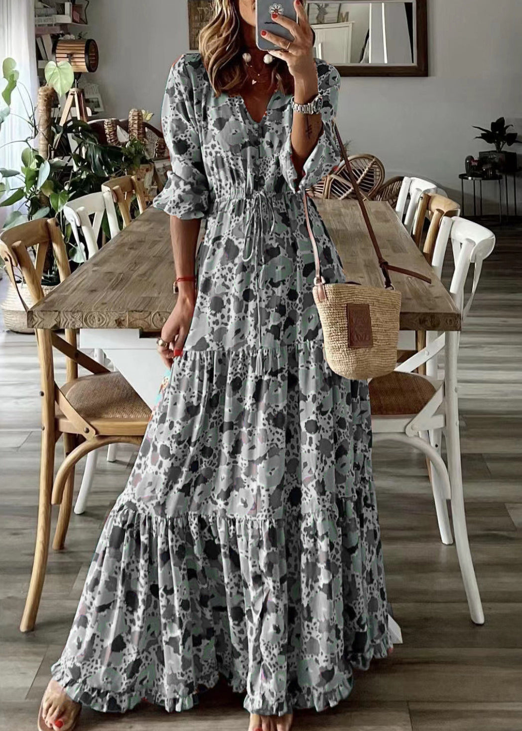 Loose Orange Ruffled Print Patchwork Cotton Long Dress Summer