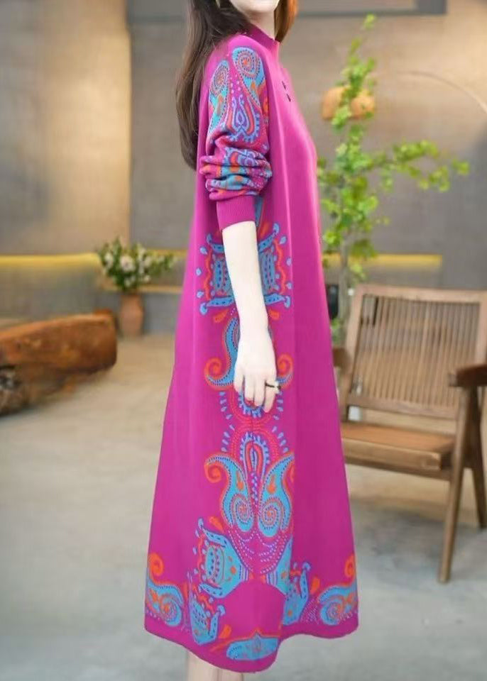 Rose O Neck Jacquard Knit Sweater Dress Winter