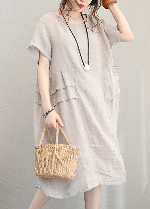 Fine Beige Linen Dress Linen Clothing Dresses O Neck Patchwork Cotton Dress