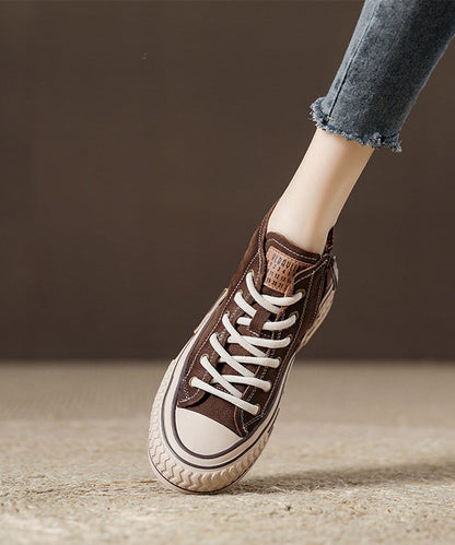 Beige Platform Soled Cowhide Lace Up High Top Board Shoes