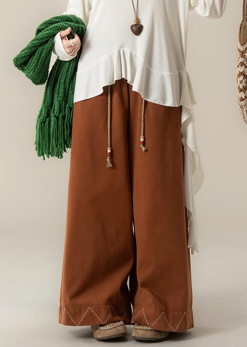 Loose Orange Drawstring Cotton Wide Leg Pants Fall