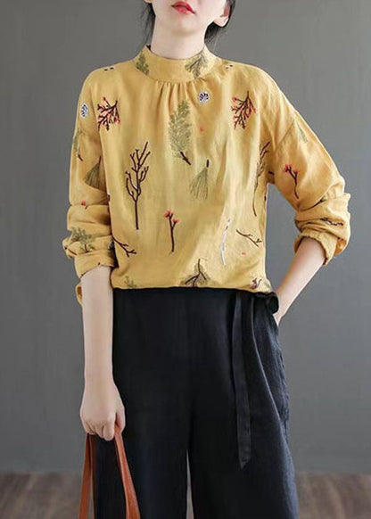 Yellow Wrinkled Embroidered Patchwork Linen Shirt Tops Spring