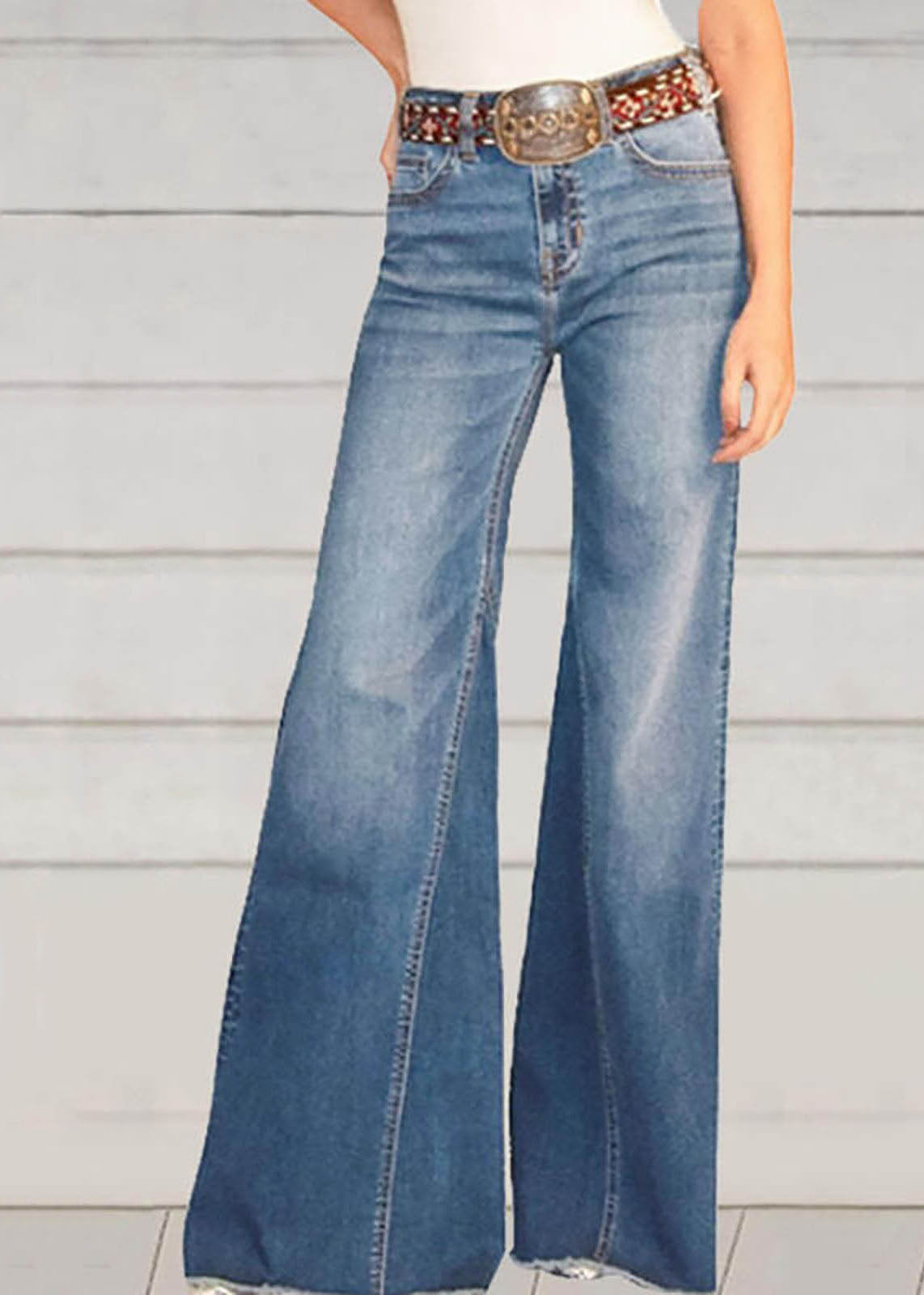 Blue Pockets Patchwork Denim Wide Leg Pants Summer