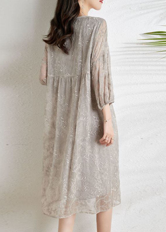 Light Grey Cinched Embroidered Chiffon Vacation Dresses Three Quarter Sleeve