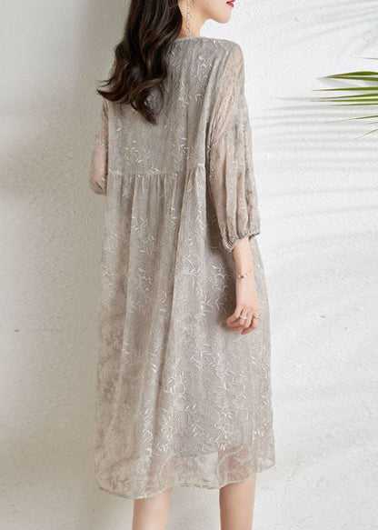 Light Grey Cinched Embroidered Chiffon Vacation Dresses Three Quarter Sleeve