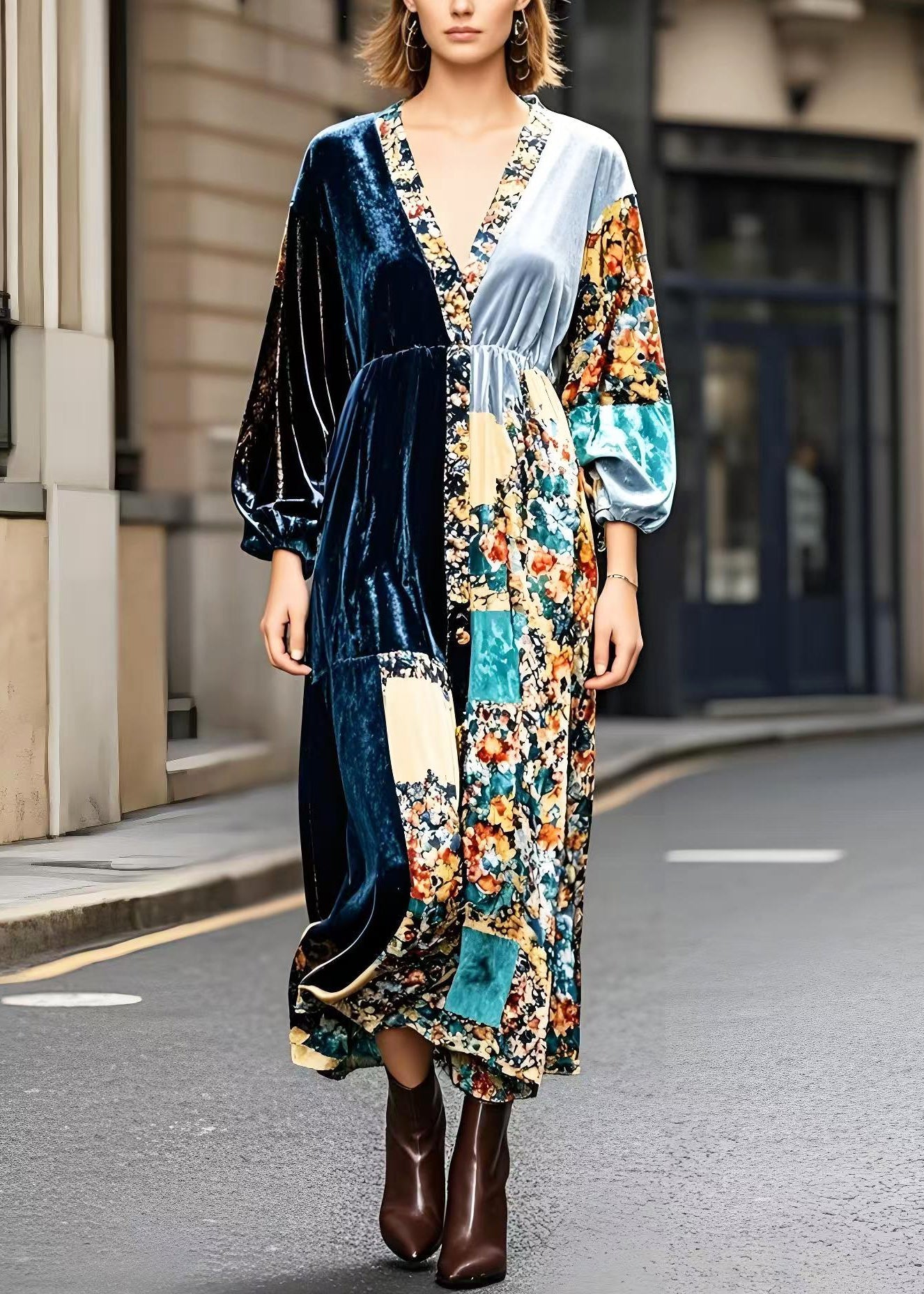 Peacock Blue V Neck Patchwork Print Silk Velvet Ankle Dress Fall