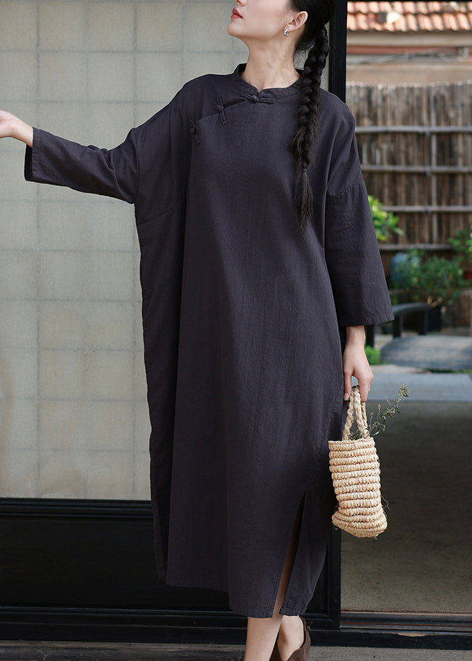 Retro Pink Stand Collar Oriental Button Cotton Dress Spring