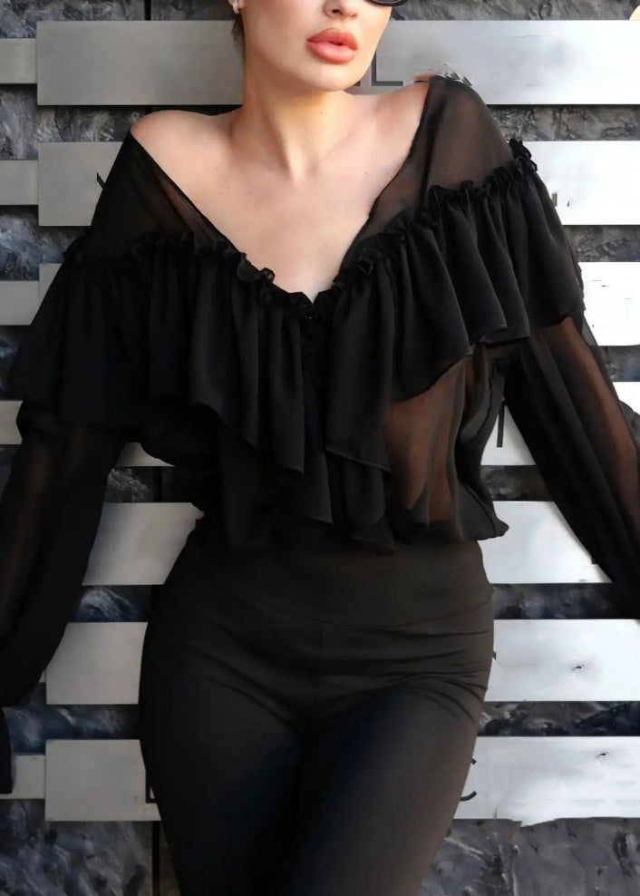 White V Neck Ruffled Patchwork Chiffon Shirt Flare Sleeve