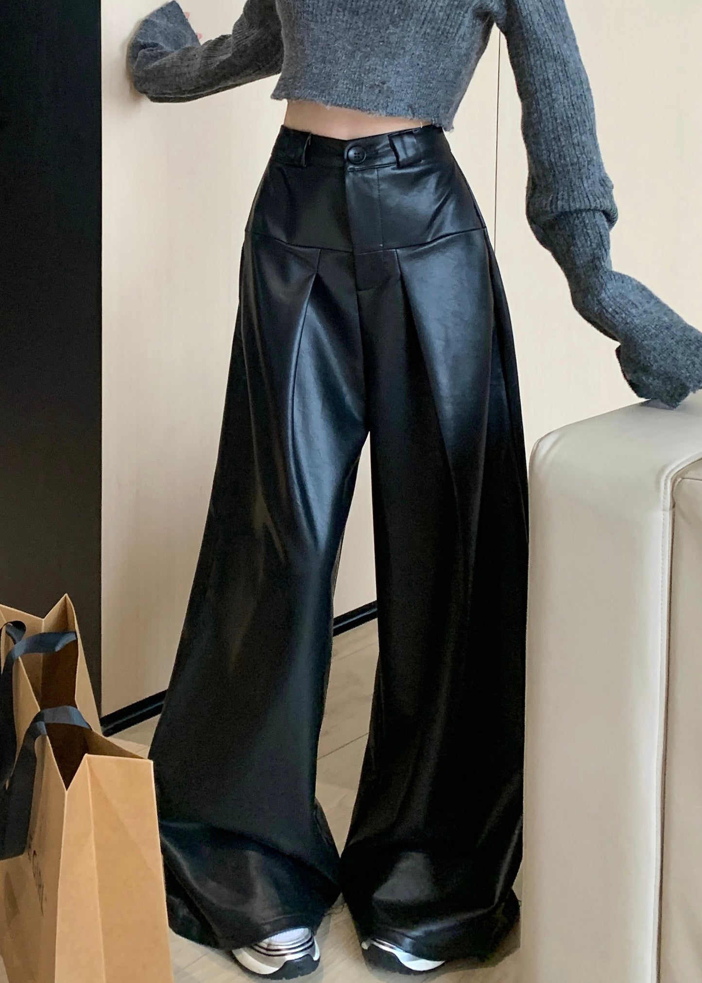 Black Faux Leather Wide Leg Pants High Waist