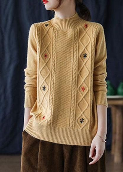 Loose Yellow Embroidered Knit Sweaters Winter