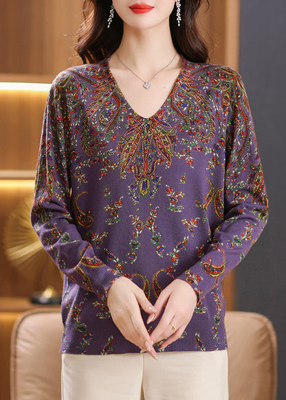 Beige V Neck Zircon Print Woolen Sweater Tops Spring