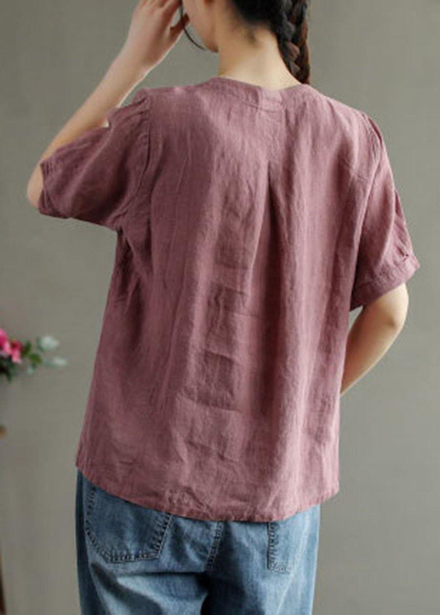 Loose Pink-flower V Neck Embroidered Summer Linen Shirt