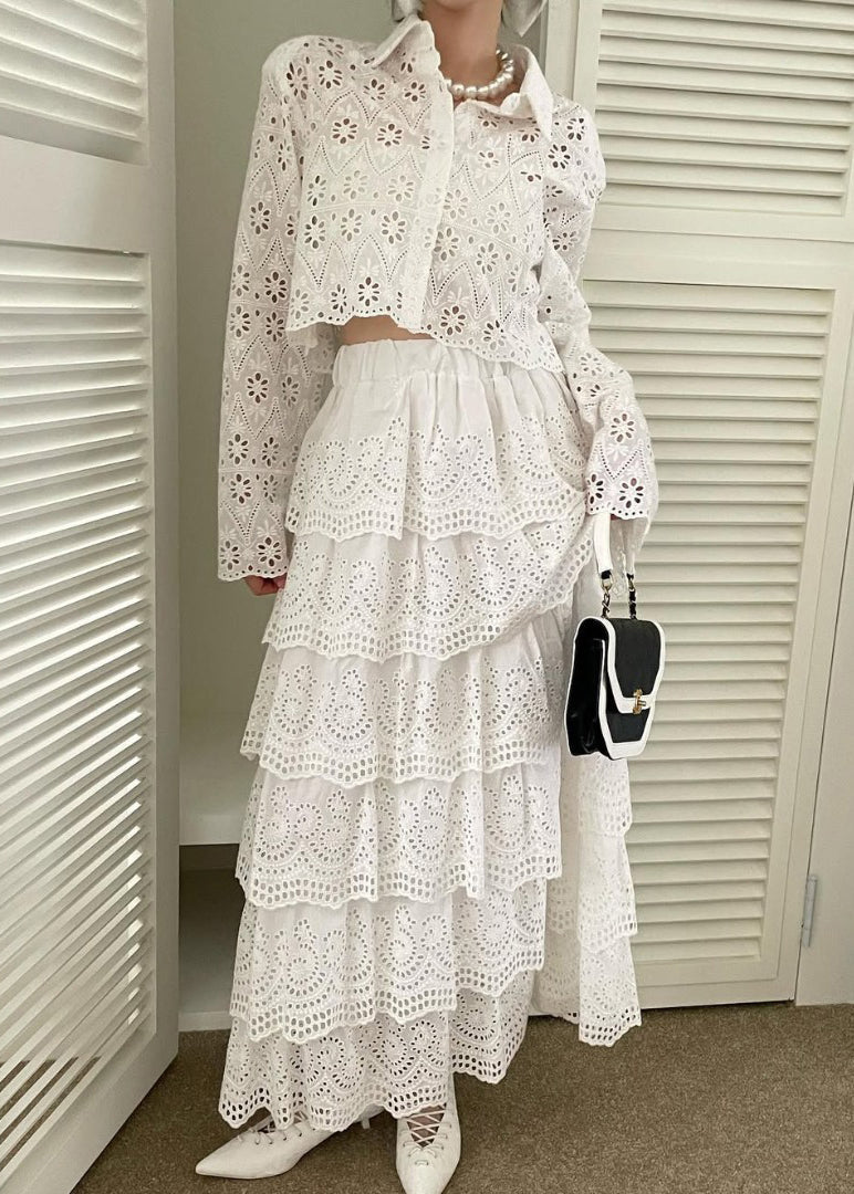 French White Hollow Out Shirts and Skirts Cotton Two Piece Set Fall