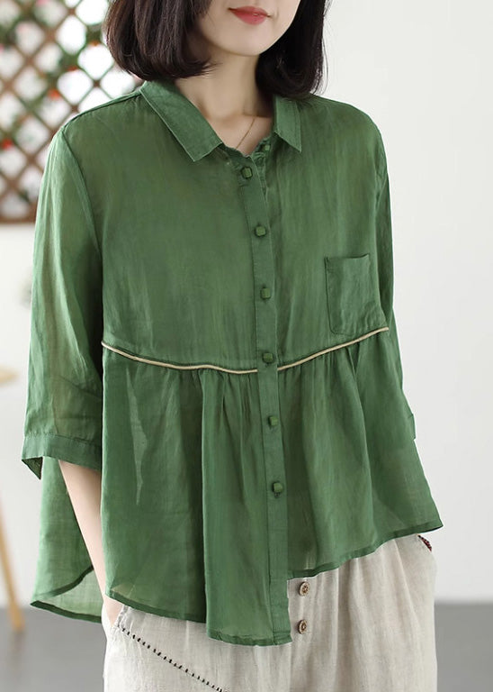 Purple Peter Pan Collar Asymmetrical Patchwork Button Ramie Shirts Half Sleeve