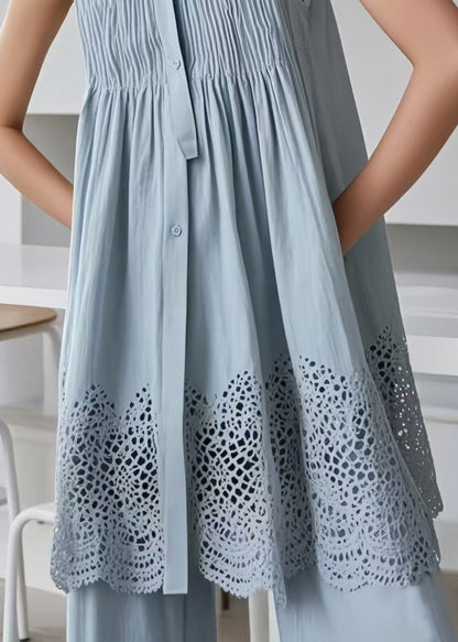 Blue Hollow Out Wrinkled Cotton Tea Dress Sleeveless