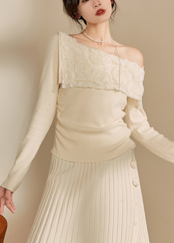 White Cold Shoulder Cotton Knit Sweaters Fall