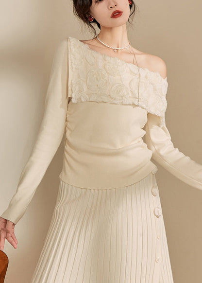 White Cold Shoulder Cotton Knit Sweaters Fall