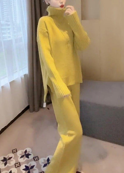 Simple Yellow Turtleneck Knit Two Pieces Set Winter