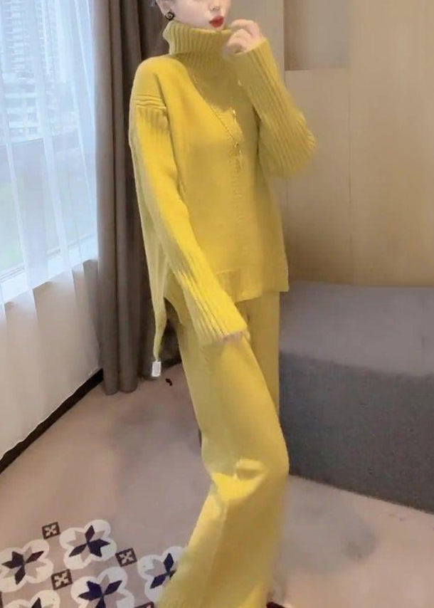 Simple Yellow Turtleneck Knit Two Pieces Set Winter