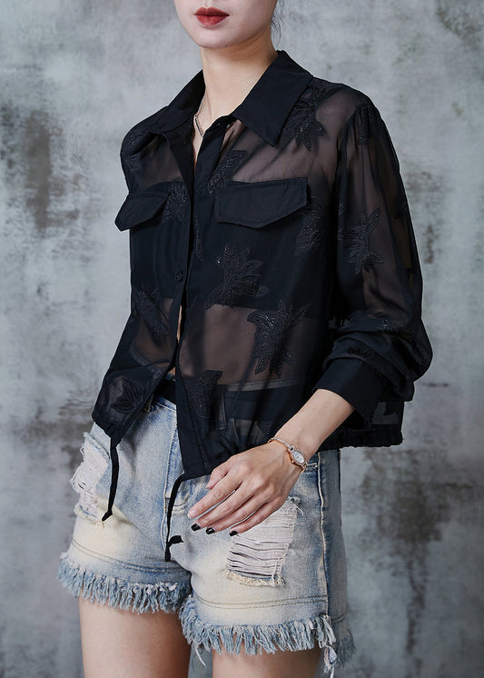 Black Tulle Upf 50+ Coat Jacket Embroidered Drawstring Summer