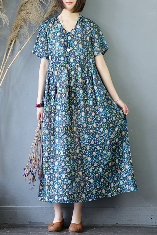 Summer Print Ramie Dress Short Sleeve Dress