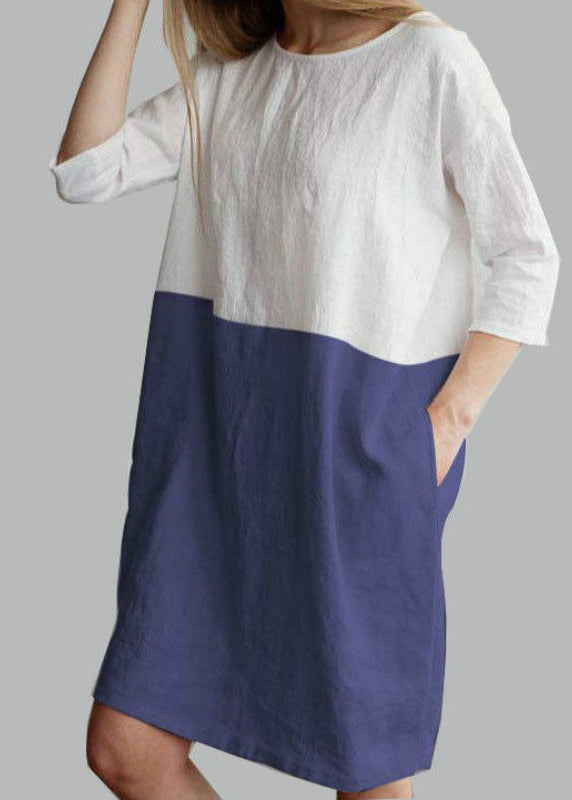 Loose Grey O Neck Patchwork Cotton Mid Dress Bracelet Sleeve