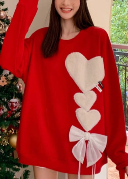 Loose Red O-neck Love Bow Knit Sweaters Spring