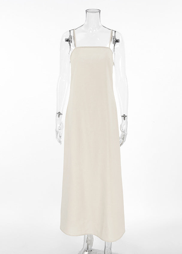Khaki Square Neck Vacation Style Spaghetti Strap Dress Summer