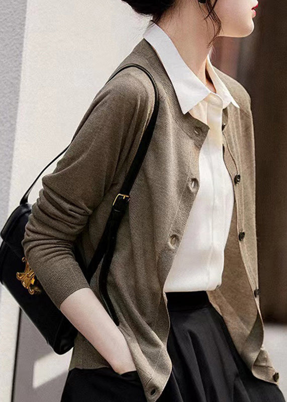 Natural Gilded Camel O-neck Button Knit Cardigan Long Sleeve
