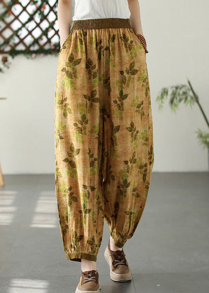 Yellow Wrinkled Elastic Waist Crop Lantern Pants