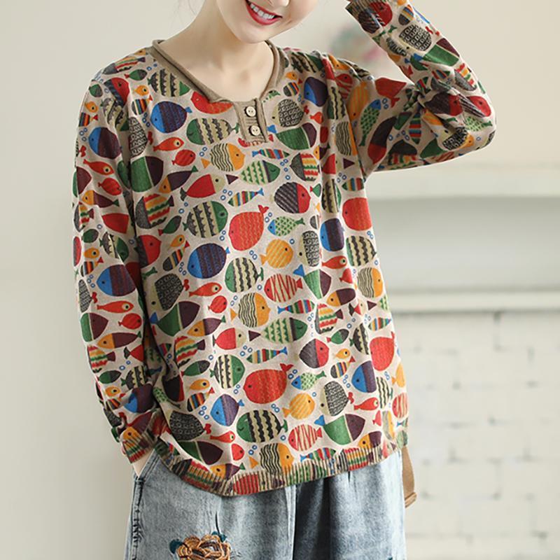 Round Neck Fish Print Knitted T-shirt