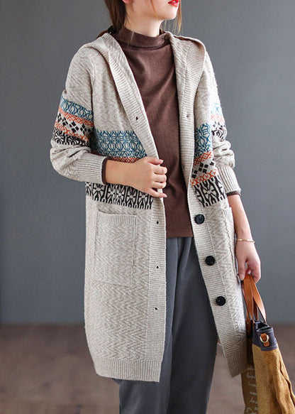 Red Pocket Print Knitted Coats Cardigans Hooded Long Sleeve