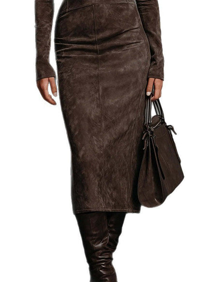 Khaki Hign Neck Slim Fit Faux Suede Dresses Spring