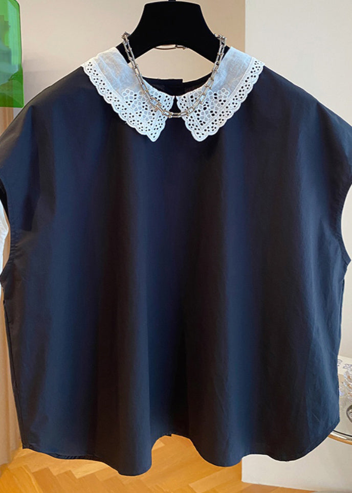 Black Peter Pan Collar Cotton Shirts Top Summer