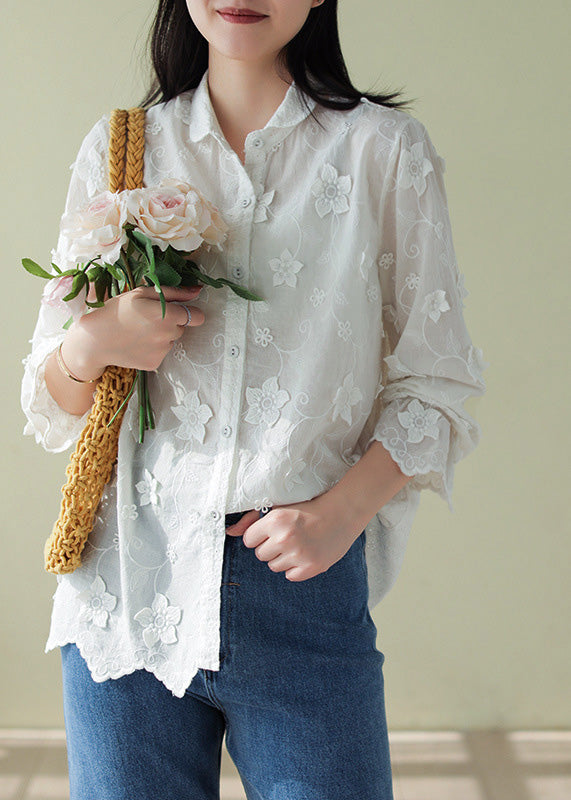 French White Peter Pan Collar Embroidered Button Cotton Shirts Long Sleeve