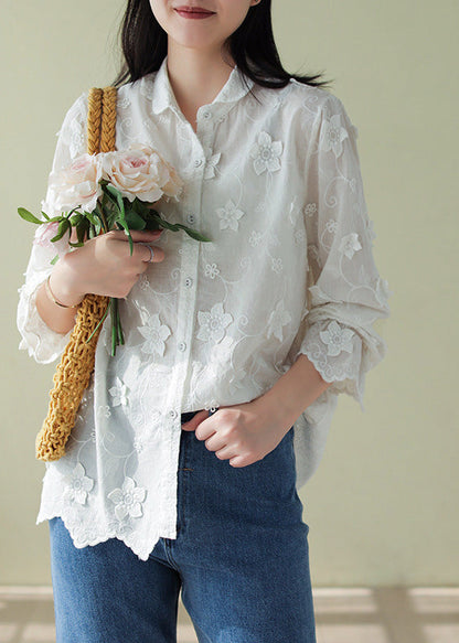 French White Peter Pan Collar Embroidered Button Cotton Shirts Long Sleeve