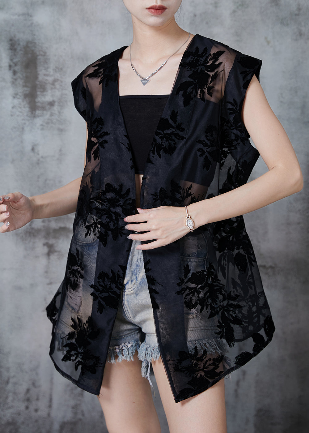 Black Oversized Print Tulle Shirt Tops Sleeveless