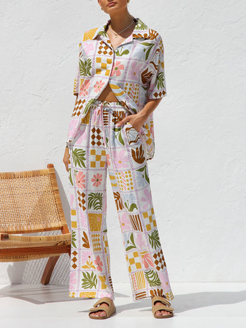 Multicolor Printed Holiday Style Top Wide Leg Pants Suit