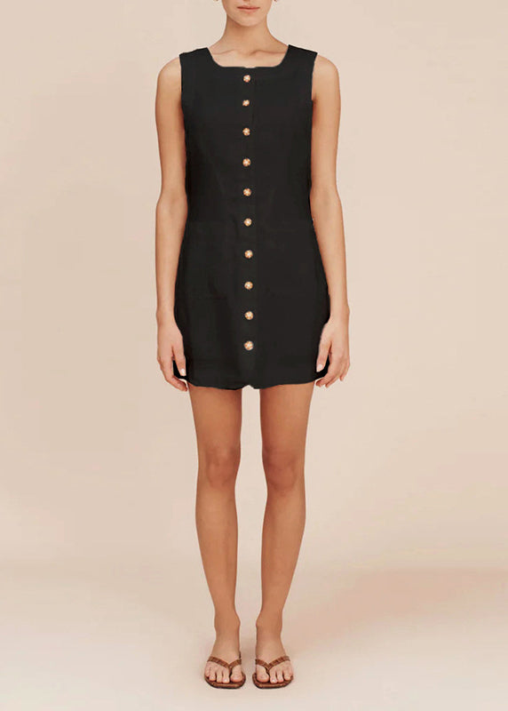European and American Style White Square Collar Button Linen Dress Sleeveless