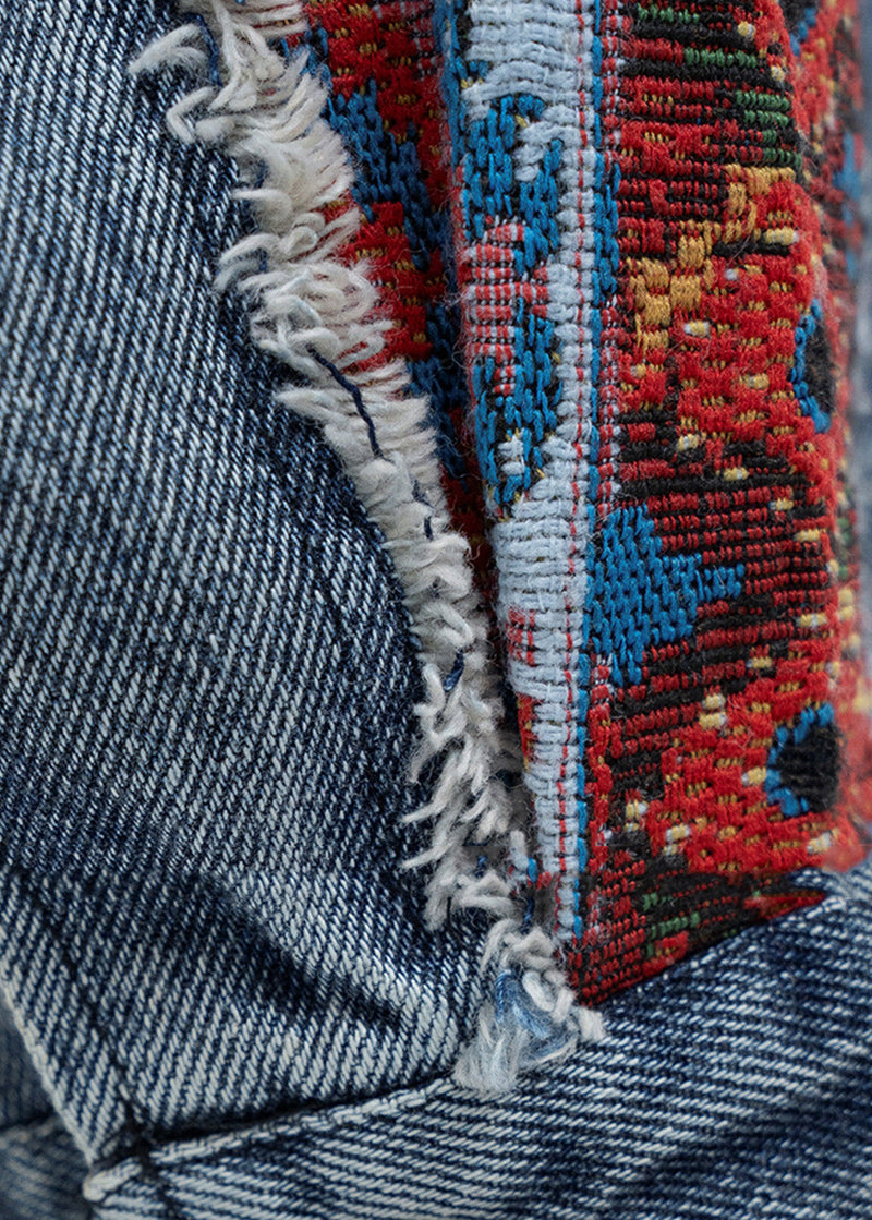Blue Peter Pan Collar Jacquard Patchwork Denim Coat Fall