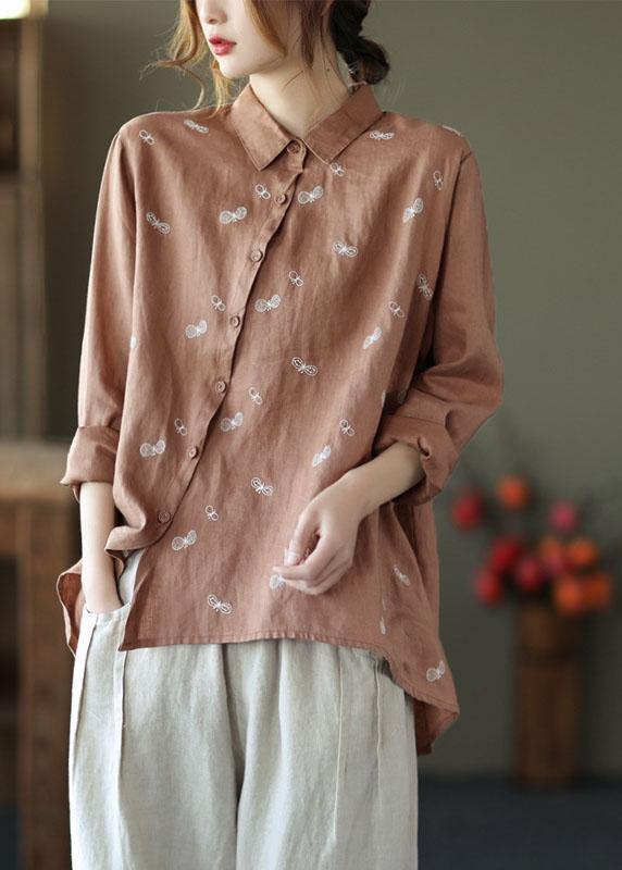 Khaki Peter Pan Collar Button Fall Asymmetrical Design Top Long Sleeve