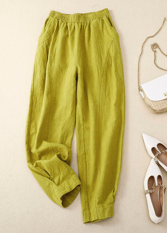 Yellow Patchwork Elastic Waist Linen Wide Leg Pants Summer