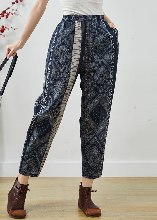 Diy Navy Oversized Print Fine Cotton Filled Harem Pants Winter