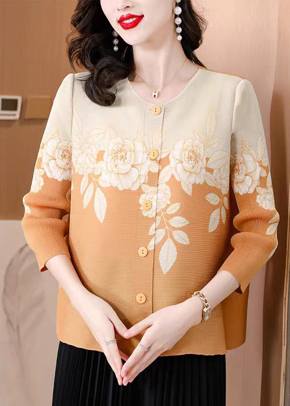 Purple O Neck Print Button Wrinkled Silk Blouses Fall
