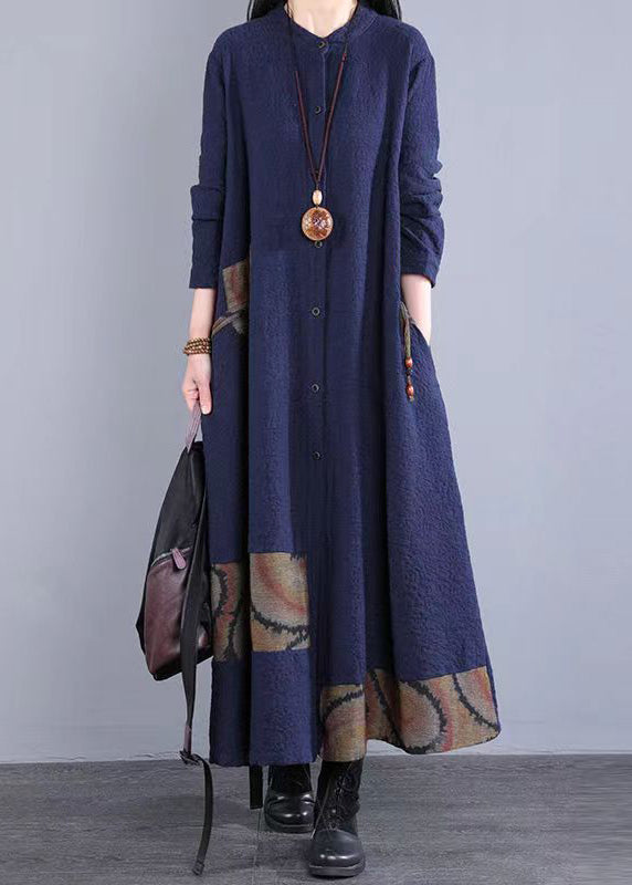 Navy Stand Collar Patchwork Cotton Long Dress Fall