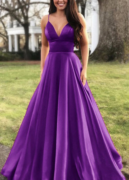 Purple V Neck High Waist Silk Spaghetti Strap Dress Sleeveless