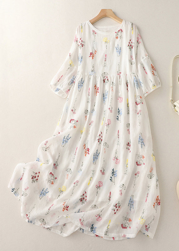 New White O-neck Lace Up Cotton Dresses Half Sleeve