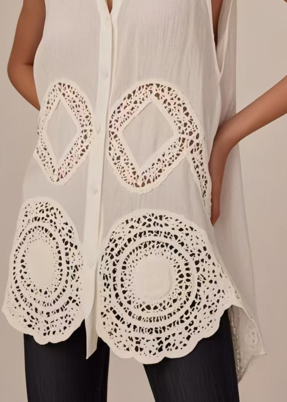 Italian White Peter Pan Collar Hollow Out Cotton Blouses Sleeveless