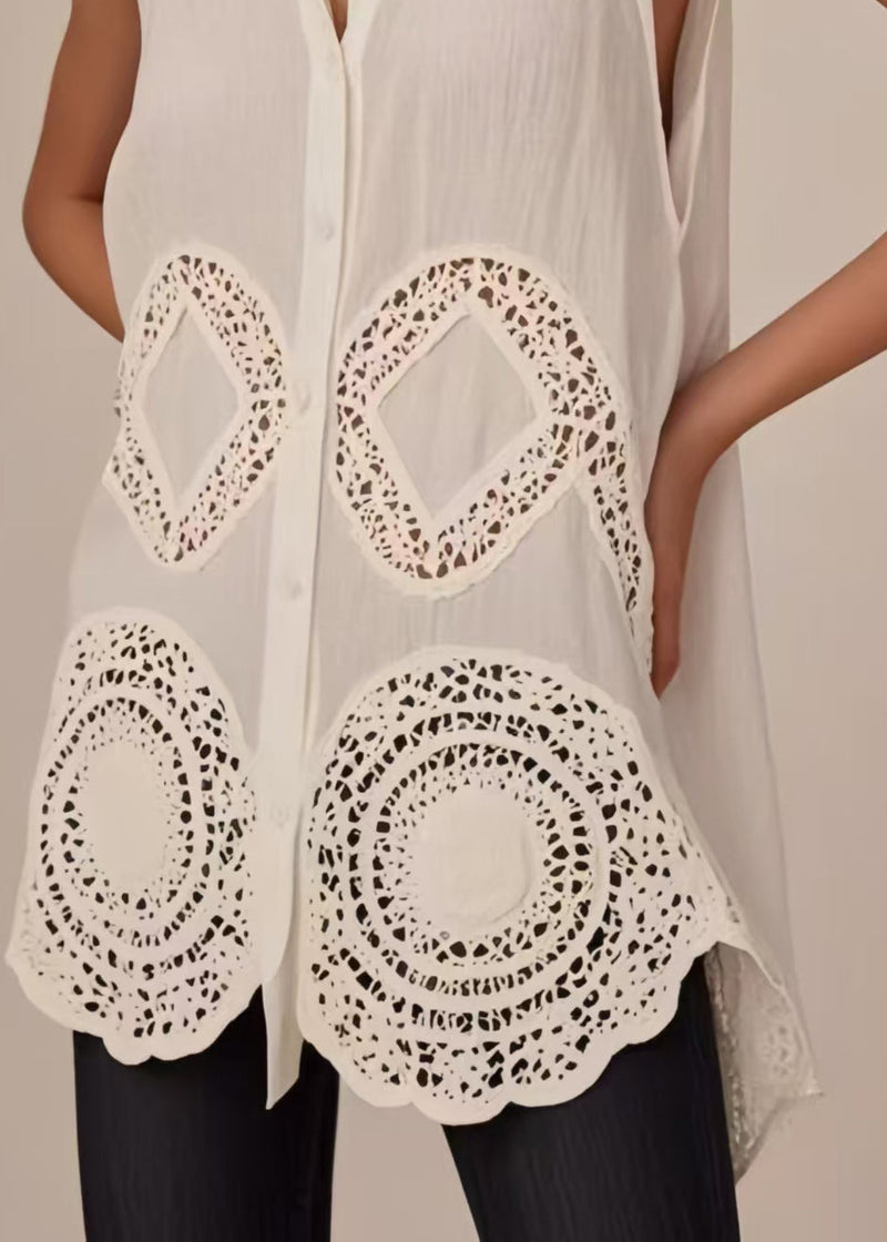 Italian White Peter Pan Collar Hollow Out Cotton Blouses Sleeveless