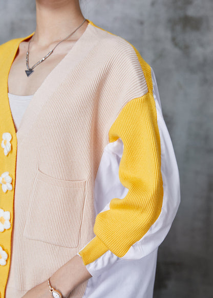 Art Yellow Oversized Patchwork Knit Tops Spring